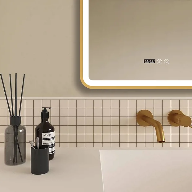 Arezzo Brushed Brass 600 X 800mm Rectangular LED Illuminated Anti-Fog Bathroom Mirror With Time Display - Image 3