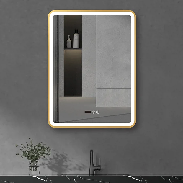 Arezzo Brushed Brass 600 X 800mm Rectangular LED Illuminated Anti-Fog Bathroom Mirror With Time Display - Image 5