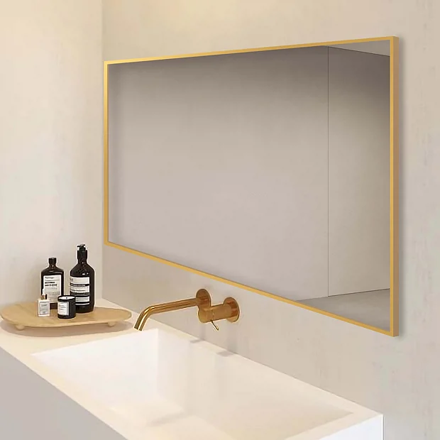 Arezzo Brushed Brass Square Edge Framed Bathroom Mirror - 1400 X 500mm - Image 2