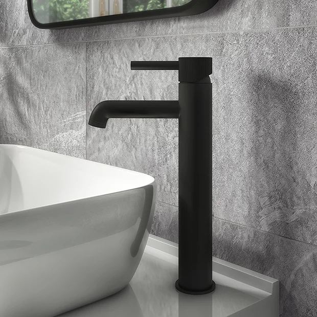 Arezzo Fluted Round Matt Black High Rise Mono Basin Mixer Tap - Image 4