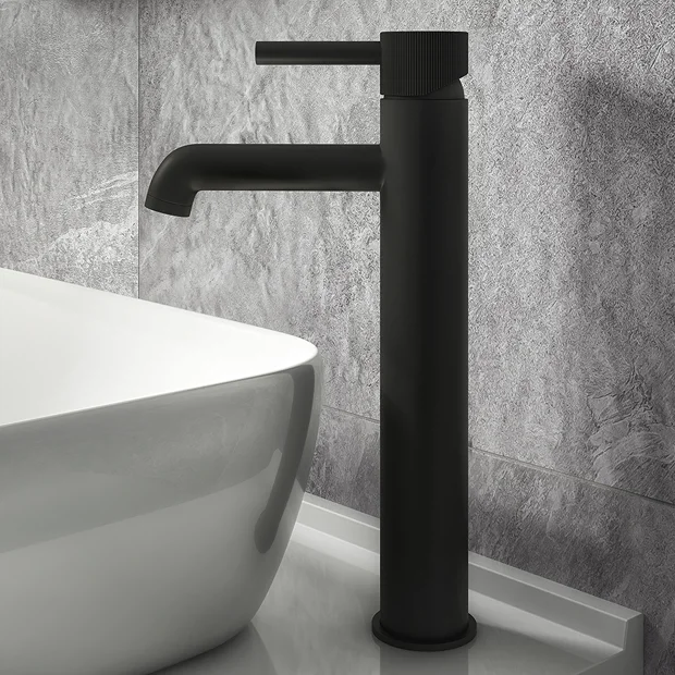 Arezzo Fluted Round Matt Black High Rise Mono Basin Mixer Tap - Image 2