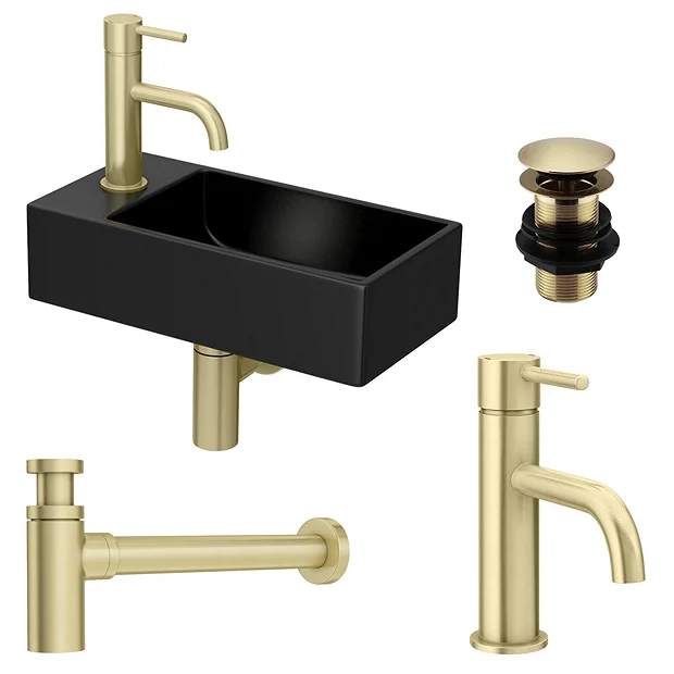 Arezzo 410 X 210 Square Wall Hung Basin With Tap Package (Matt Black - Brushed Brass) - Image 3