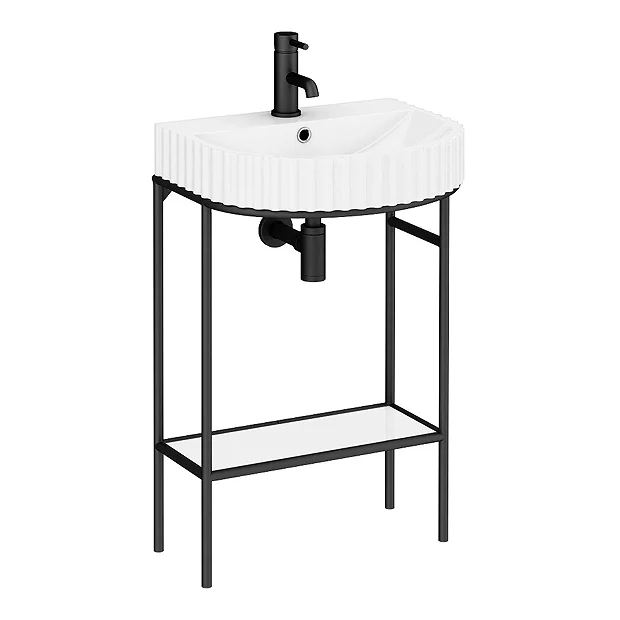 Arezzo D Shaped Matt Black Washstand With Gloss White Open Shelf And Fluted Basin - Image 4