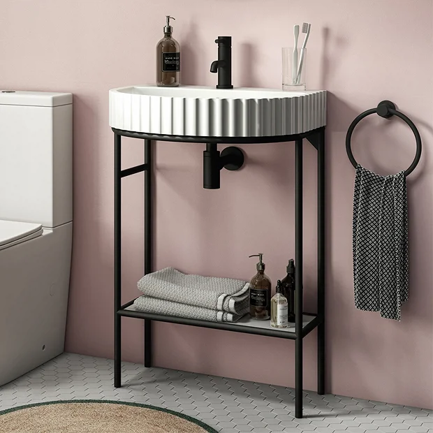 Arezzo D Shaped Matt Black Washstand With Gloss White Open Shelf And Fluted Basin - Image 2