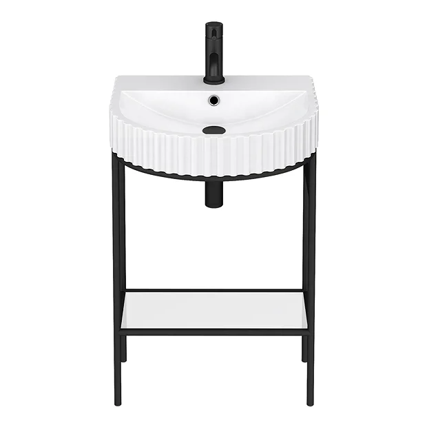 Arezzo D Shaped Matt Black Washstand With Gloss White Open Shelf And Fluted Basin - Image 3