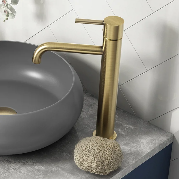 Arezzo Round Brushed Brass High Rise Mono Basin Mixer Tap - Image 2