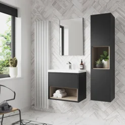 Arezzo Senza 600mm Matt Black / Vicenza Oak Wall Hung Vanity Unit With Open Shelf + Ceramic Basin