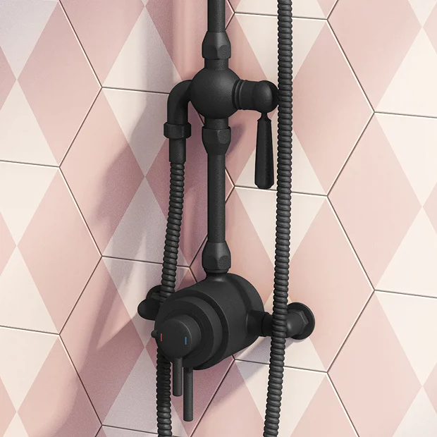 Arezzo Matt Black Dual Exposed Valve With Rigid Riser Kit, 195mm Shower Head, Handshower & Diverter - Image 3