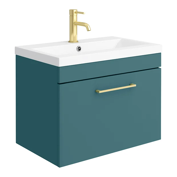 Arezzo Wall Hung Vanity Unit - Matt Green - 600mm 1-Drawer With Brushed Brass Handle - Image 2