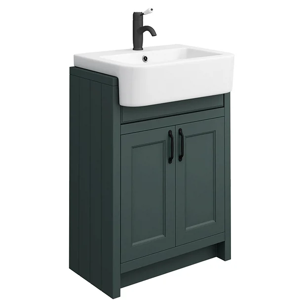 Chatsworth Traditional Green Semi-Recessed Vanity Unit W. Matt Black Handles + Toilet Package - Image 3