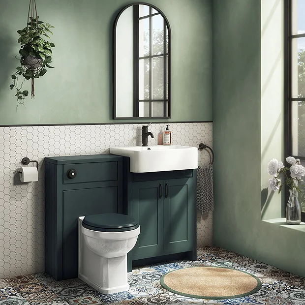 Chatsworth Traditional Green Semi-Recessed Vanity Unit W. Matt Black Handles + Toilet Package - Image 2
