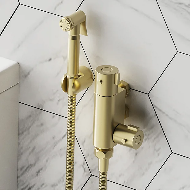 Arezzo Round Douche Thermostatic Bar Valve With Shower Spray Kit Brushed Brass - Image 2