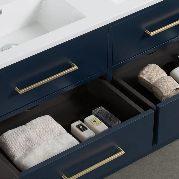 Montrose 1200mm Indigo Blue Double Basin Vanity Unit With Brushed Brass Handles And Slatted Shelf