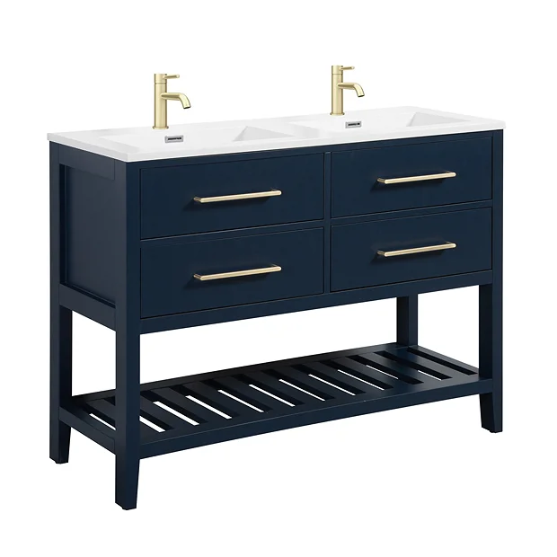 Montrose 1200mm Indigo Blue Double Basin Vanity Unit With Brushed Brass Handles And Slatted Shelf - Image 2